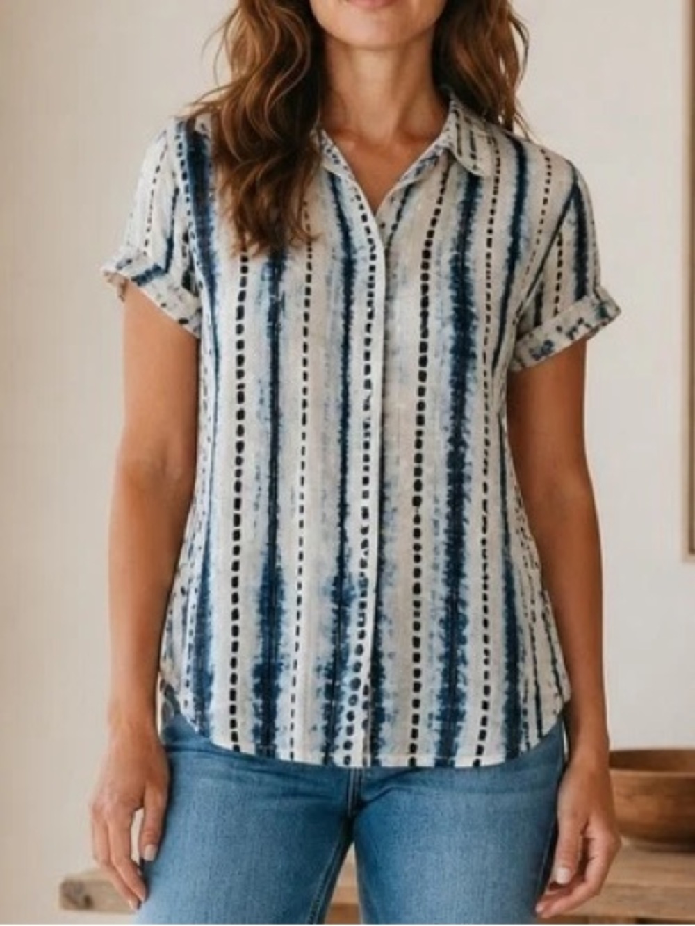 Sundance indigo gauze flowy striped boho button down short sleeve top size XXL